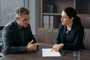 Two professionals discussing legal documents.